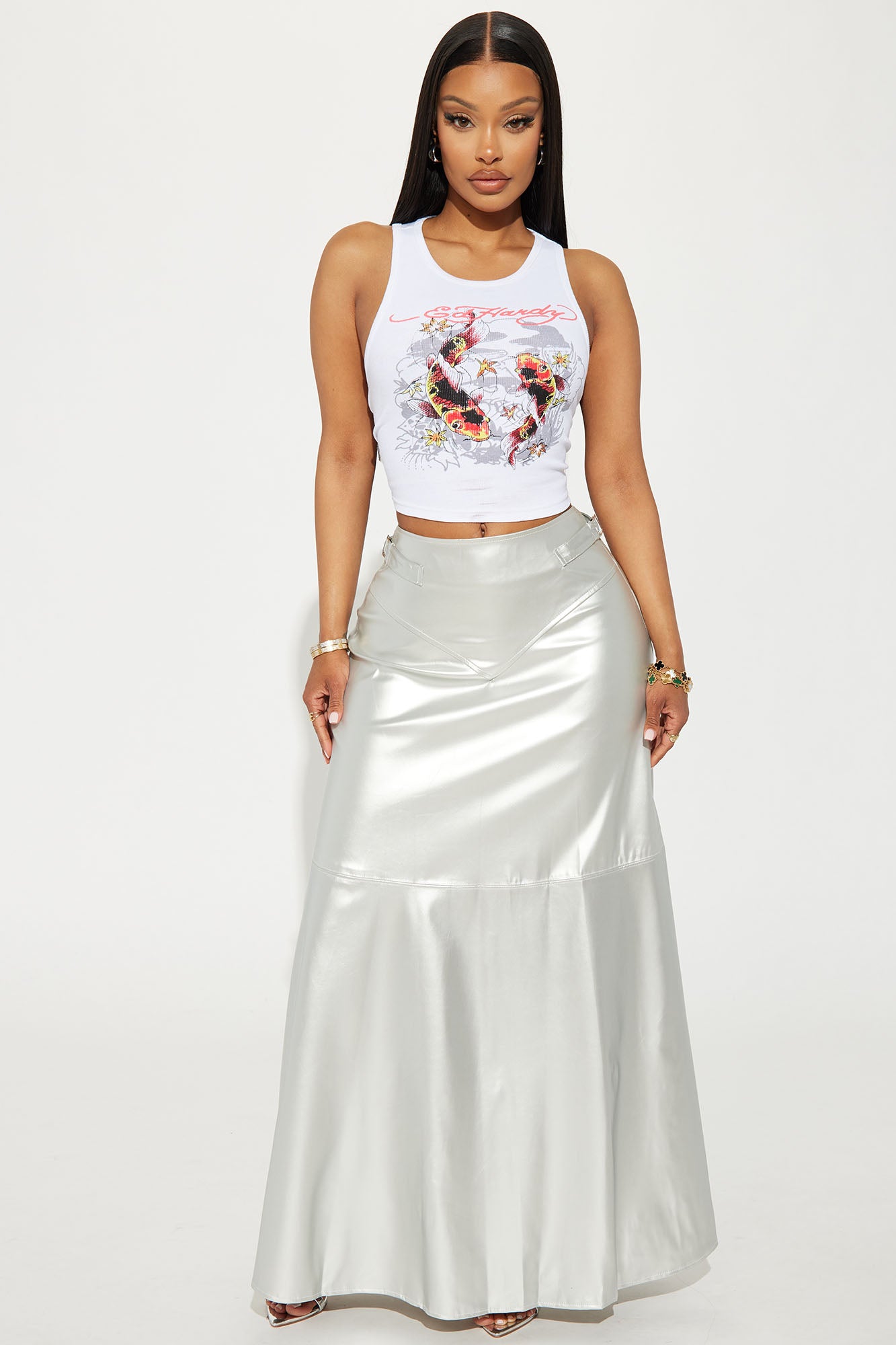 Blazing A Trail Faux Leather Maxi Skirt Silver Fashion Nova