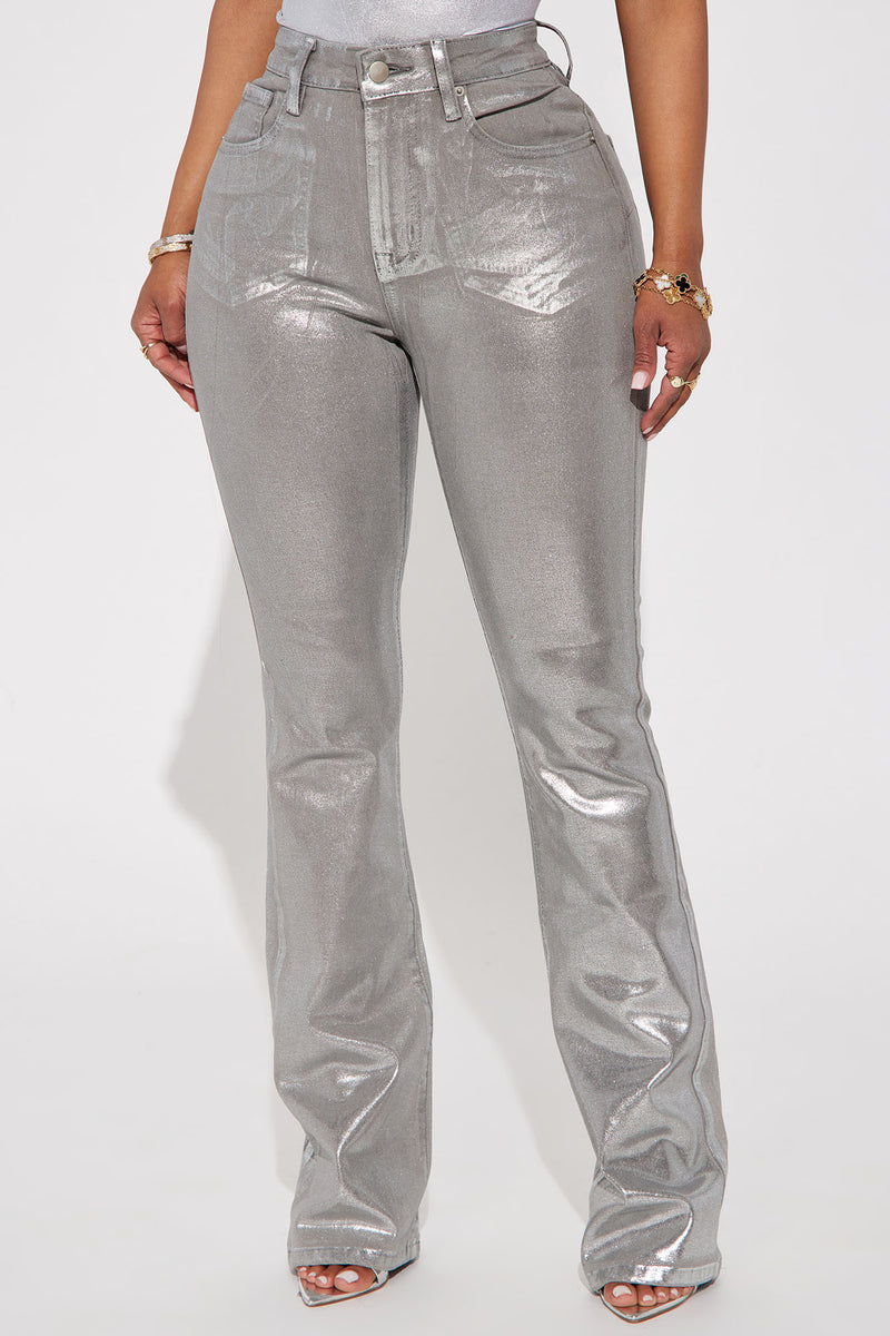 Shine Bright Foil Stretch Bootcut Jeans - Silver | Fashion Nova, Jeans ...
