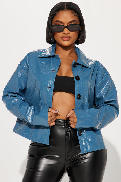 Blue faux leather jacket womens discount