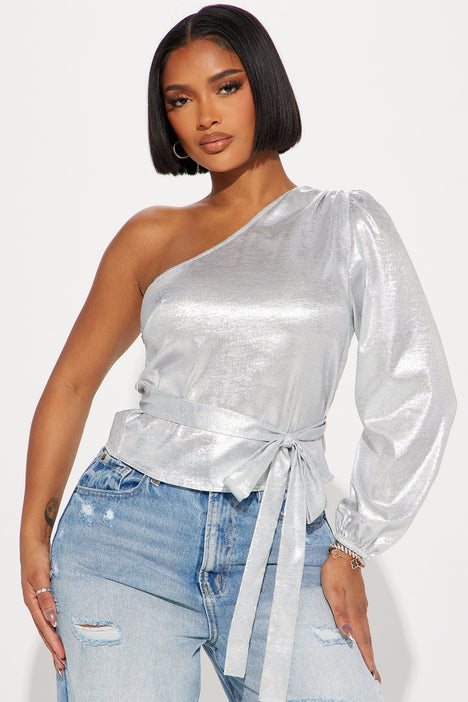 Silver satin top store