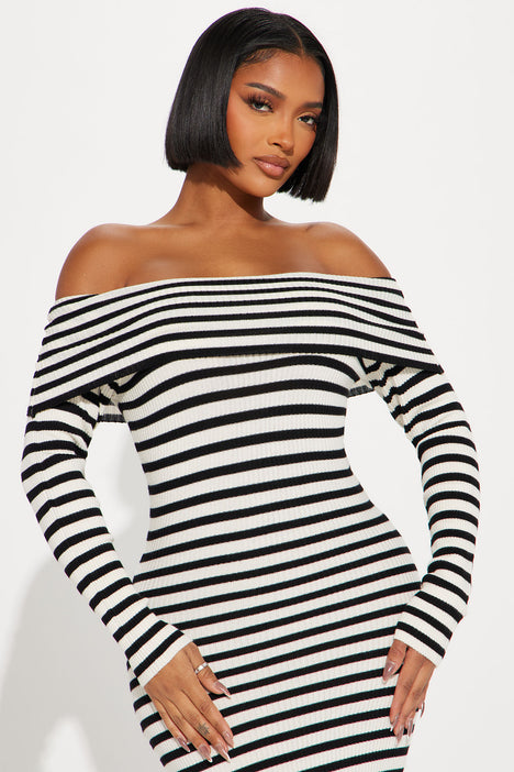 Off the shoulder black and white deals striped dress