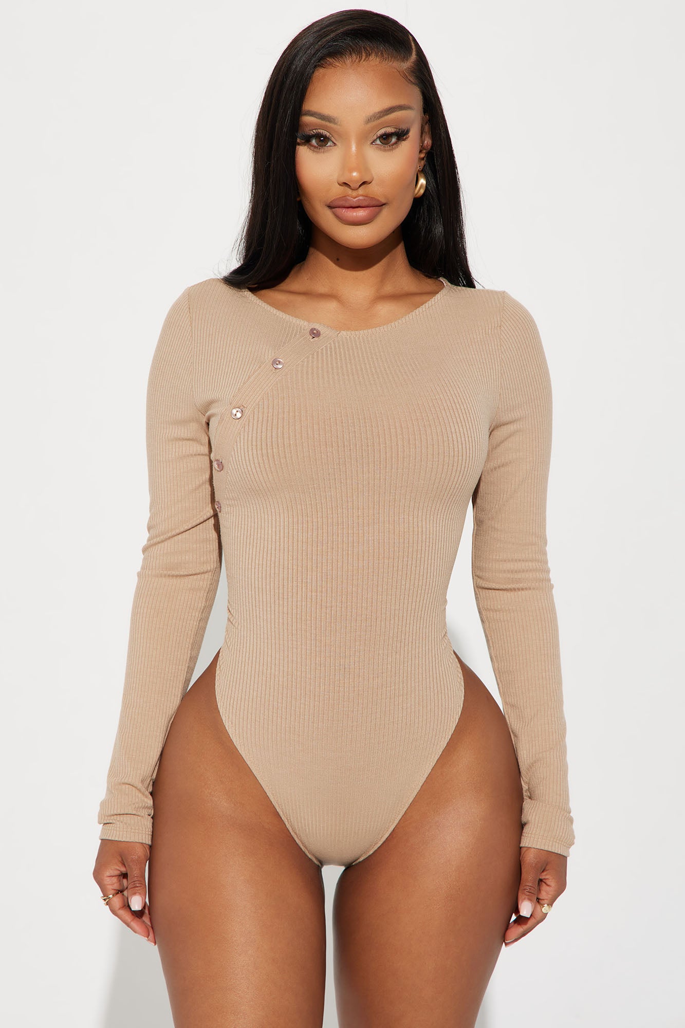 Open To It Ribbed Bodysuit - Taupe