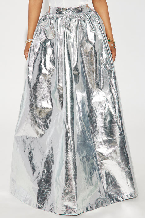 Carrie In The City Metallic Maxi Skirt Silver Fashion Nova
