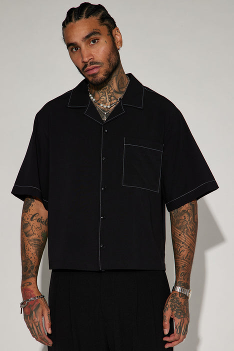 Contrast Stitch Cropped Button Up Shirt - Black, Fashion Nova, Mens Shirts