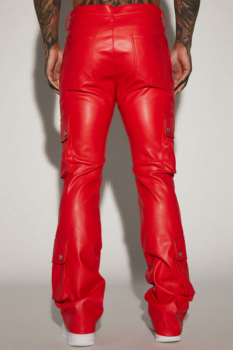 Name Of Love Faux Leather Stacked Slim Flare Pants Red Fashion
