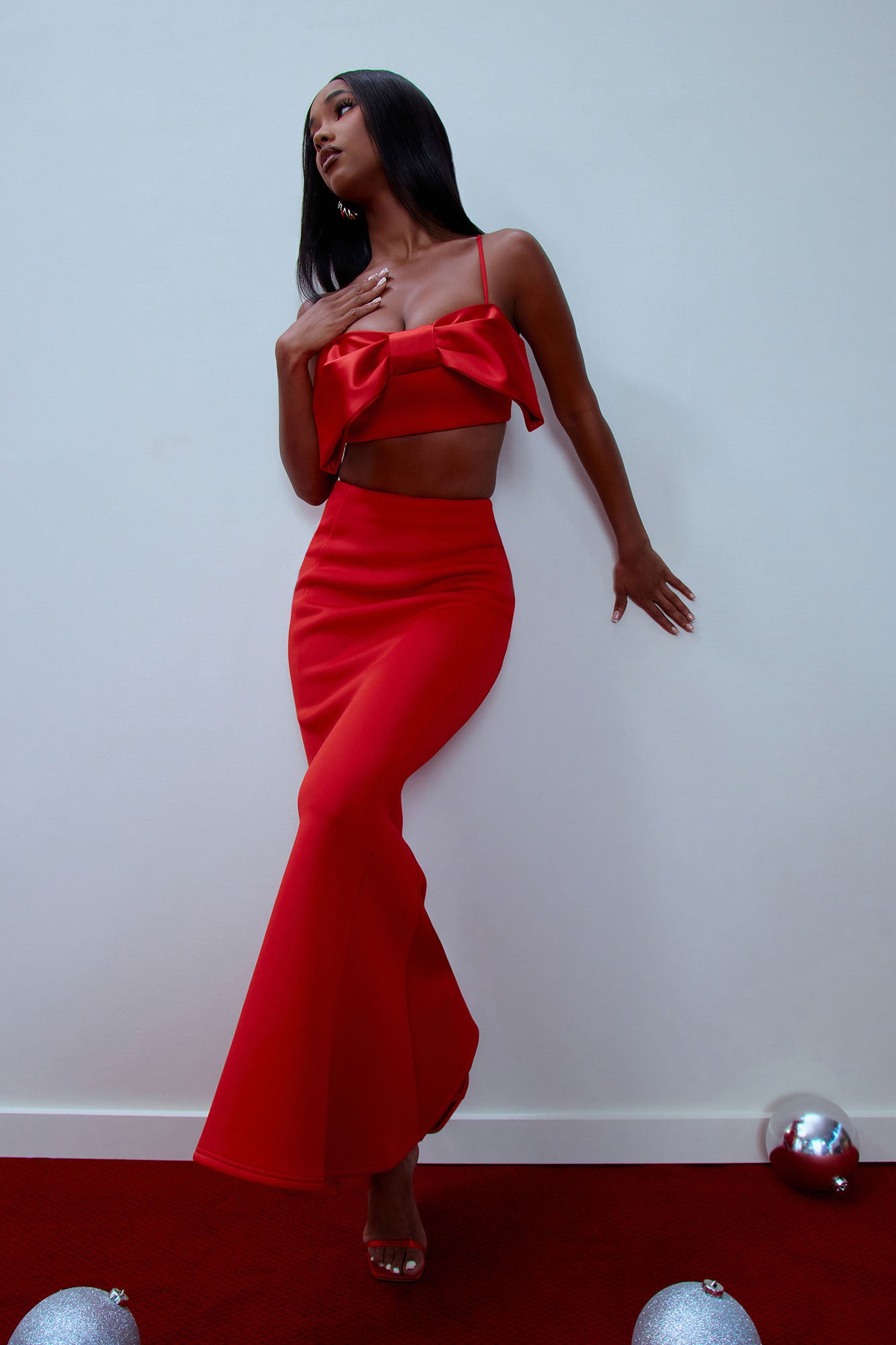 Red two piece skirt set new arrivals