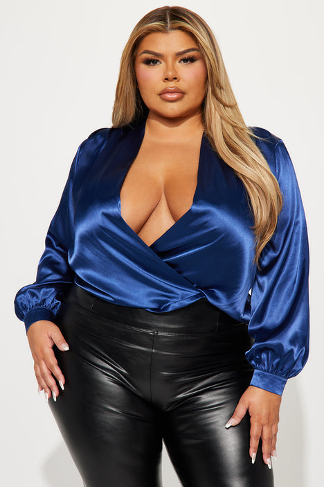 Might Be Late Satin Blouse Top Navy Fashion Nova Shirts
