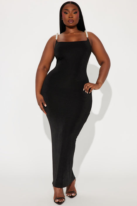 Black dress with pearl straps discount
