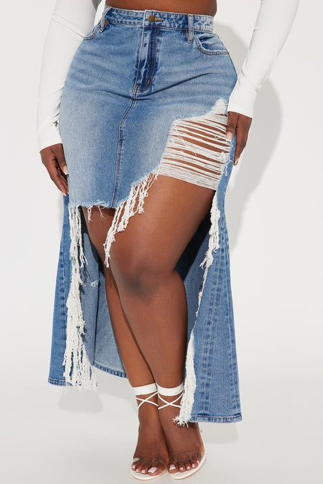 Can t Decide Distressed Denim Maxi Skirt Medium Wash Fashion