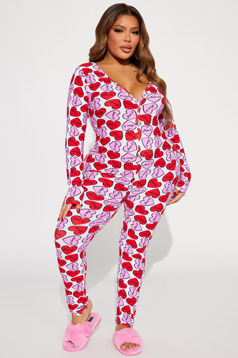 Sweet Hearts PJ Jumpsuit Onesie Hot Pink combo Fashion Nova
