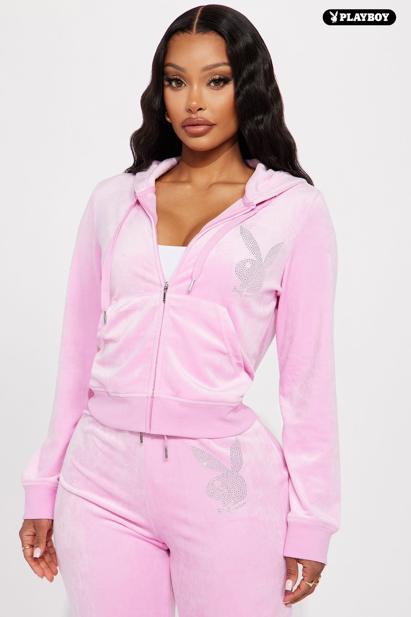 Velour Playboy Zip Font Hoodie Pink