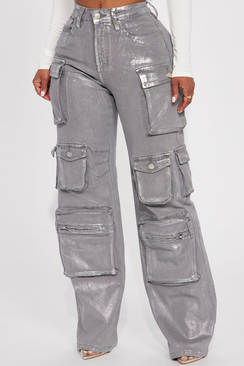 Time To Shine Foil Baggy Cargo Jeans Silver Fashion Nova, Jeans Fashion Nova