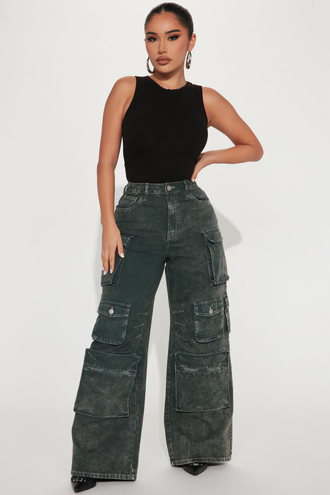 Lily High Rise Cargo Jeans - Green, Fashion Nova, Jeans