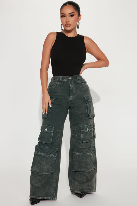 Petite Lily High Rise Cargo Jeans - Green, Fashion Nova, Jeans