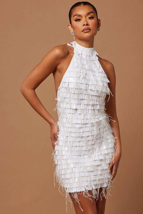 White sequin 2025 feather dress