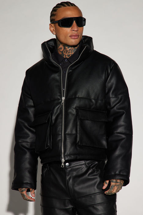 Patent leather cropped puffer jacket hot sale