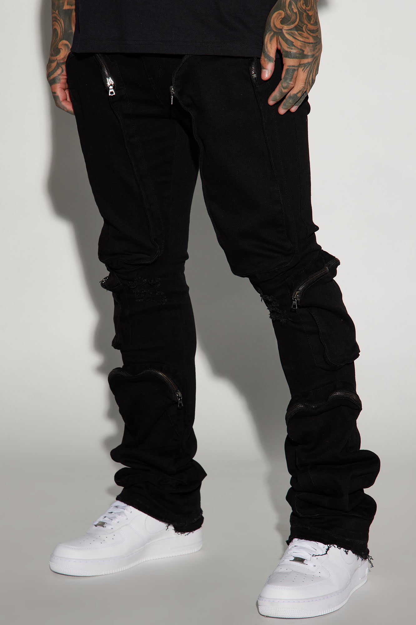 Many Pockets Cargo Stacked Skinny Flare Jeans Black Fashion