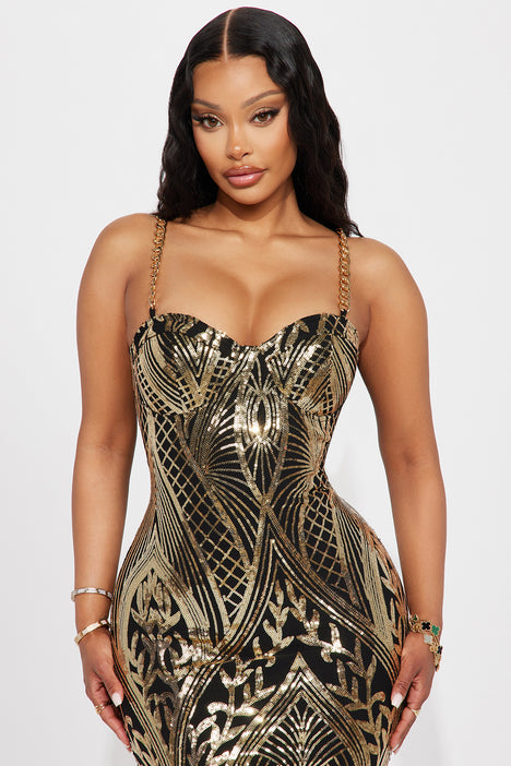 Gold Sequin Chain Strap Bodycon Midi Dress | Womens | Medium (Available in L) | 100% Polyester | Lulus