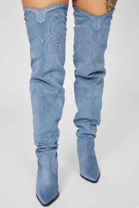 Nashville Babe Thigh High Cowboy Boots Blue Fashion Nova