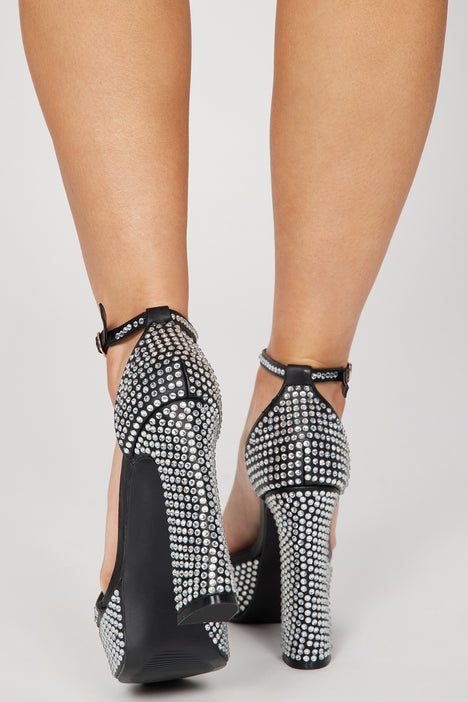 Black embellished heeled sandals discount