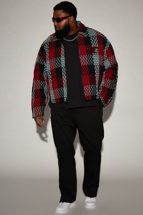 Beverly Tweed Cropped Chore Jacket Red combo Fashion Nova