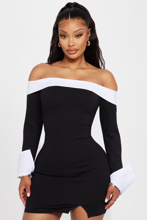 Alice Off Shoulder Mini Dress Black White Fashion Nova