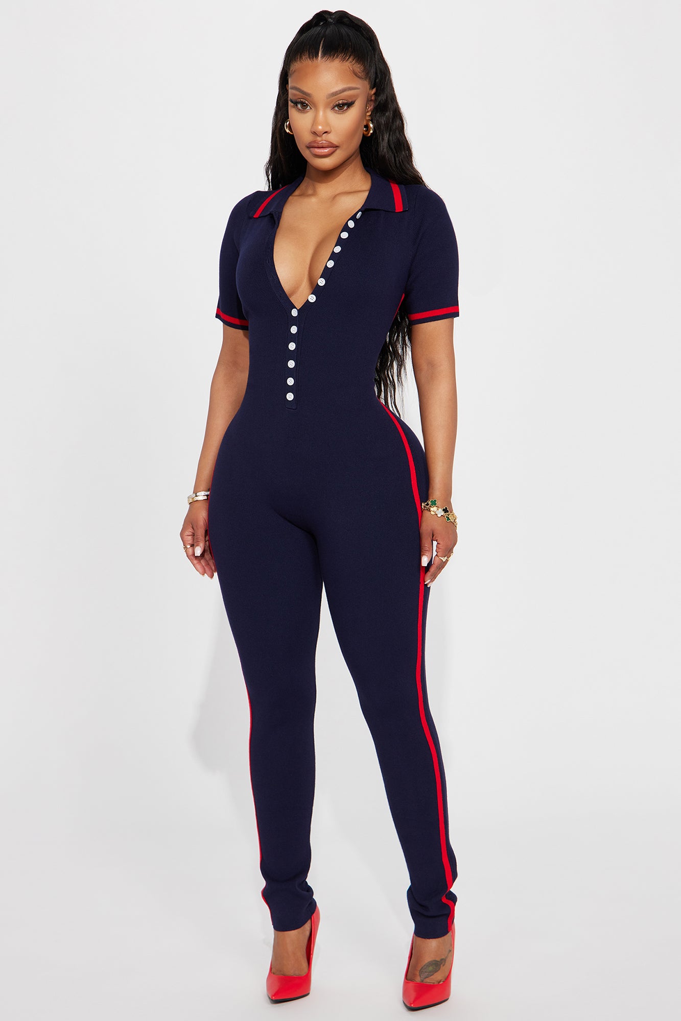 Tessa Knit Jumpsuit Navy combo Fashion Nova Jumpsuits