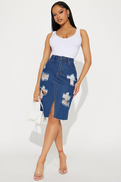 Denim midi 2025 skirt fashion nova