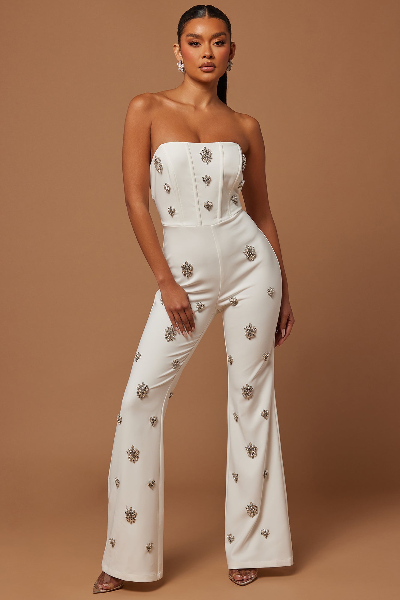 Leandra Embellished Flare Jumpsuit - White
