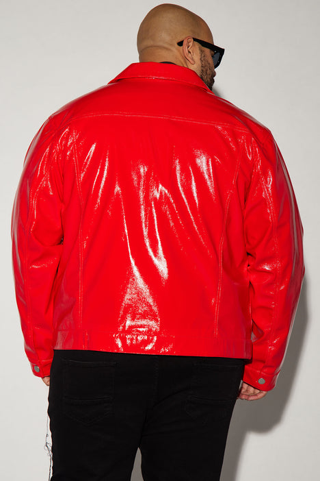 Shiny red leather jacket shop