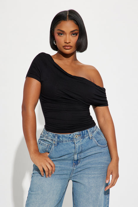 Oksana One Shoulder Top Black Fashion Nova Knit Tops