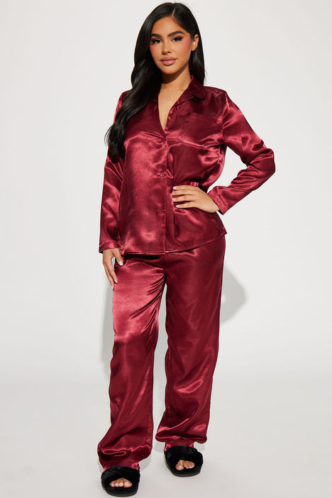 Pillow Fight Satin PJ Pant Set Burgundy Fashion Nova Lingerie