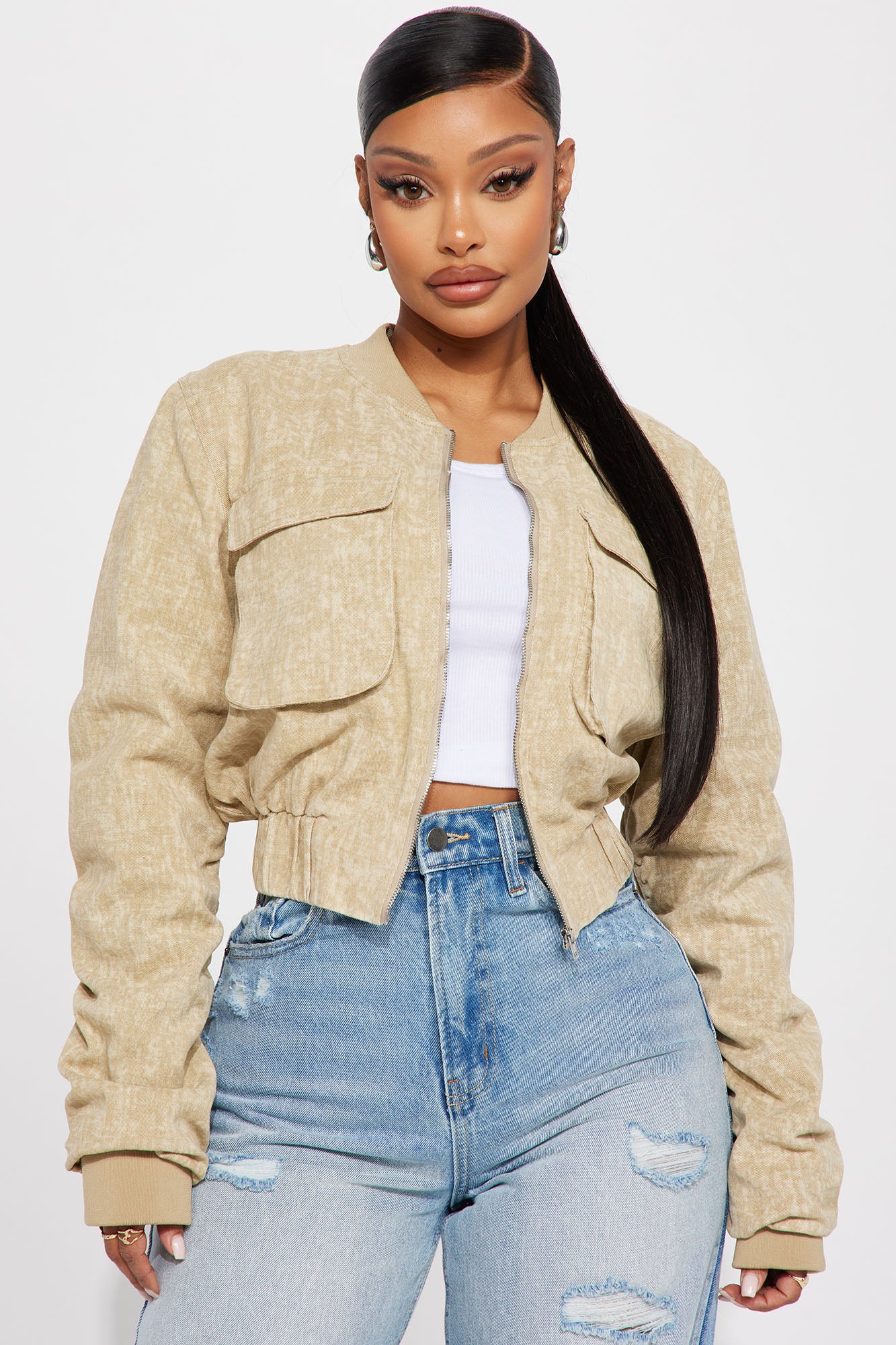 Not So Tough Cropped Bomber Jacket Taupe