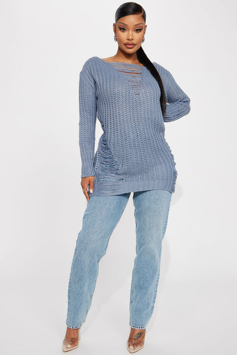 Loosen Up Distressed Sweater Dusty Blue