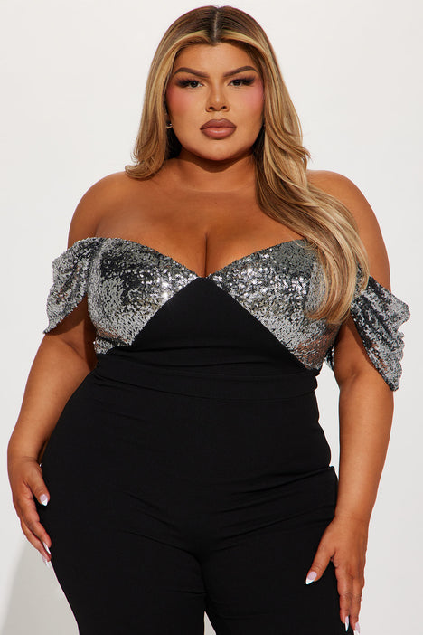 Plus size black and silver cheap jumpsuit
