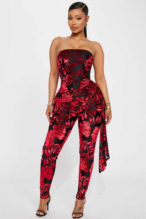 Fashion nova shop red velvet jumpsuit