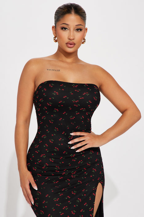 Amelia Cherry Print Mesh Midi Dress Black Red