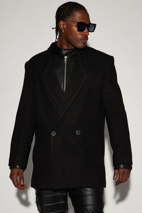Wilder Textured Weave Double Breasted Suit Jacket - Black