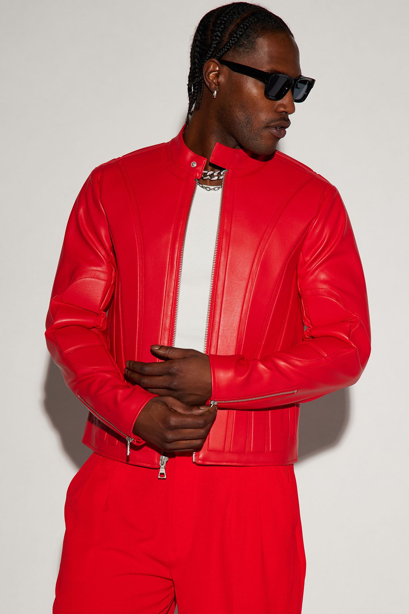 Red leather moto best sale jacket men's