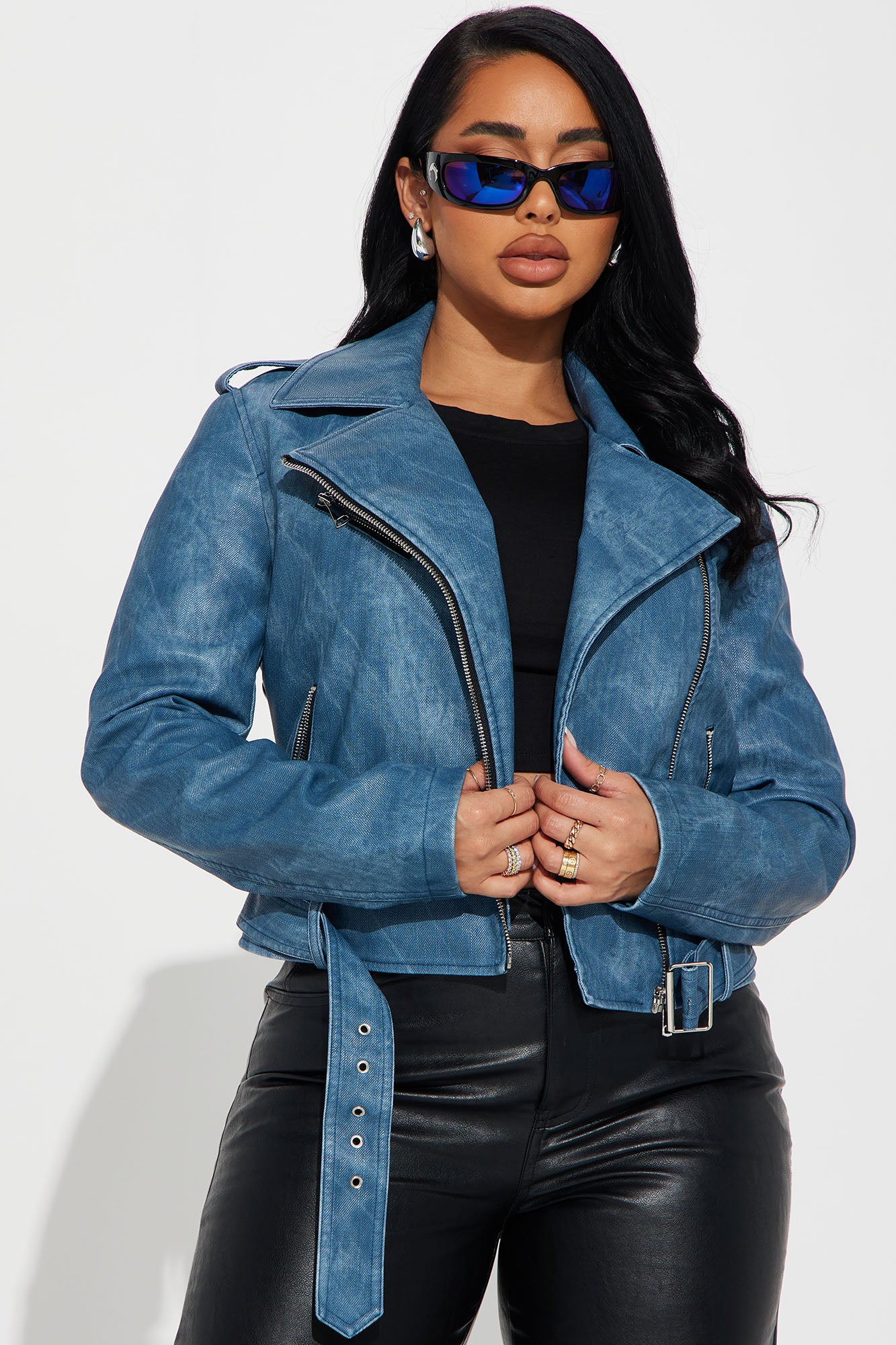 Dark blue faux leather jacket top