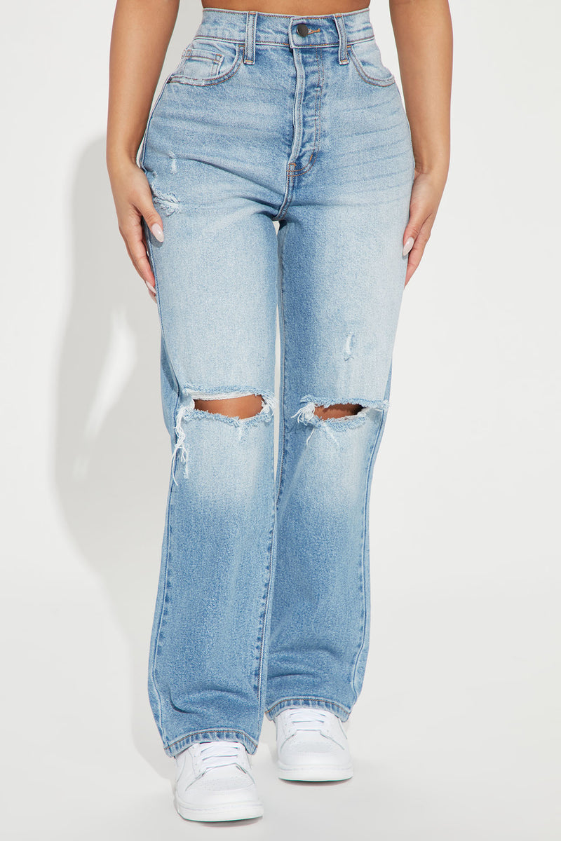 Petite As You Please Ripped Straight Leg Jeans - Light Blue Wash ...