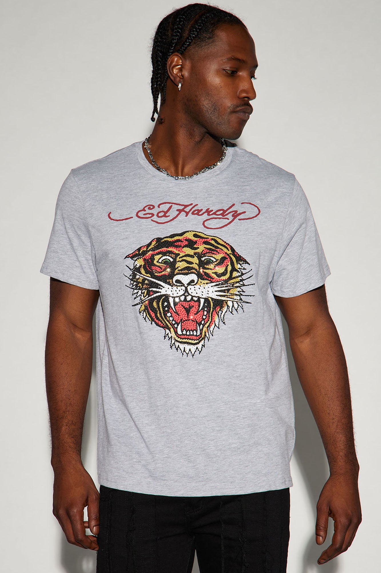 Ed Hardy Rhinestone Tiger Short Sleeve Tee Heather Grey