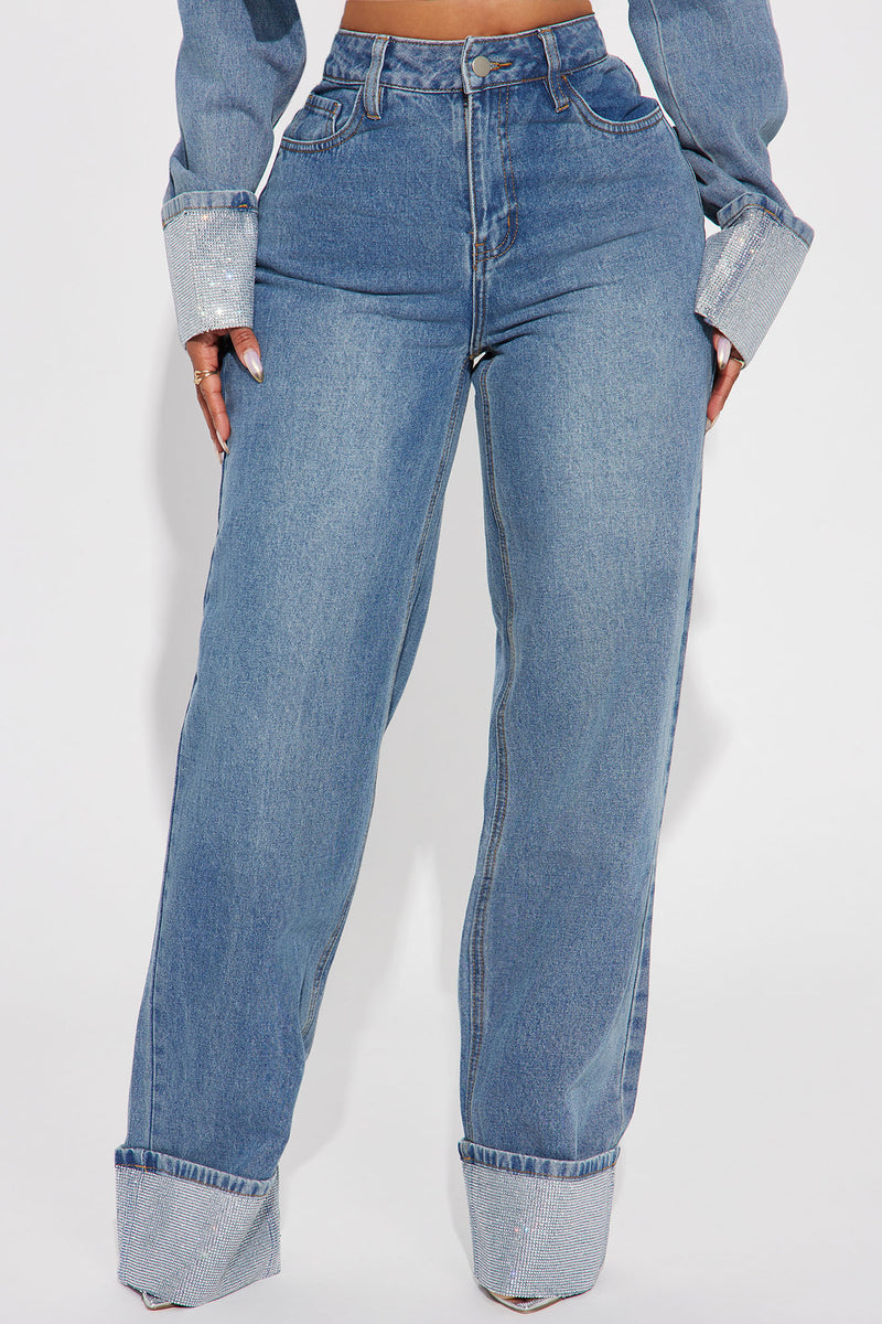 Influential Sparkle Baggy Straight Leg Jeans - Medium Wash | Fashion ...