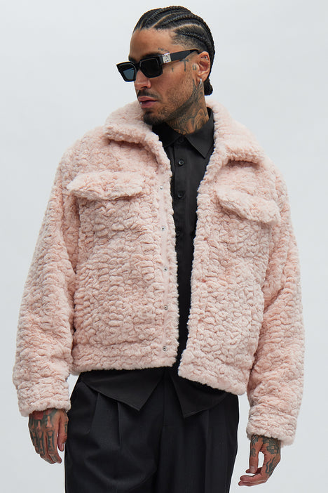 Mens pink sales faux fur coat