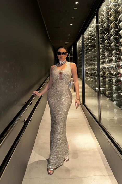 Elegant encounter champagne top sequin maxi dress