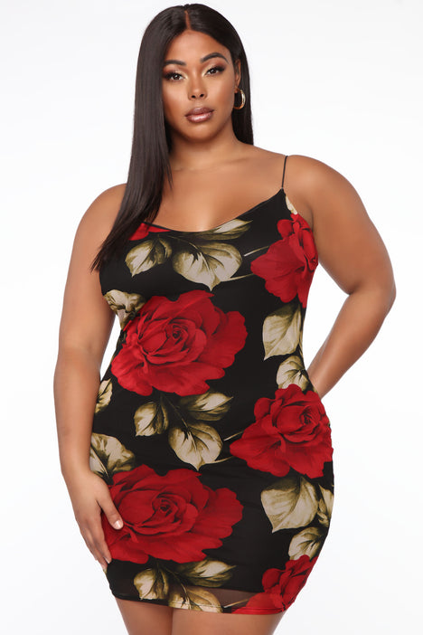 Black dress with red roses on it sale
