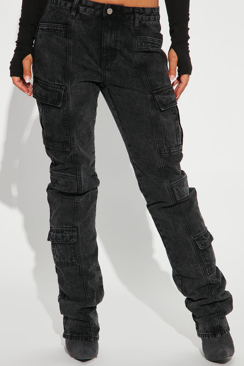 Tall Make A Night Of It Mid Rise Cargo Straight Leg Jeans - Black Wash ...