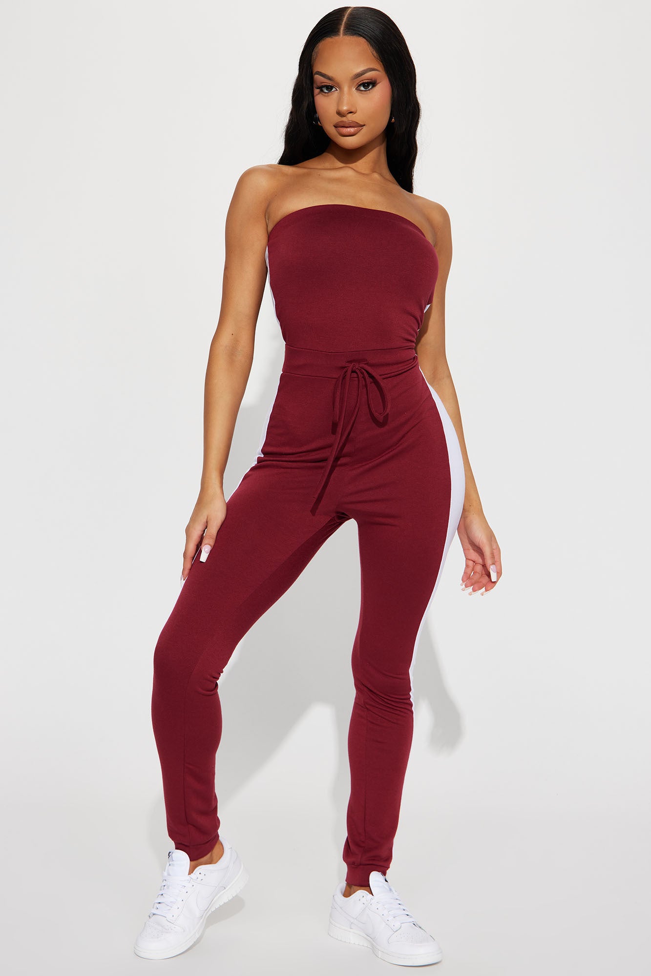 Burgundy strapless jumpsuit discount