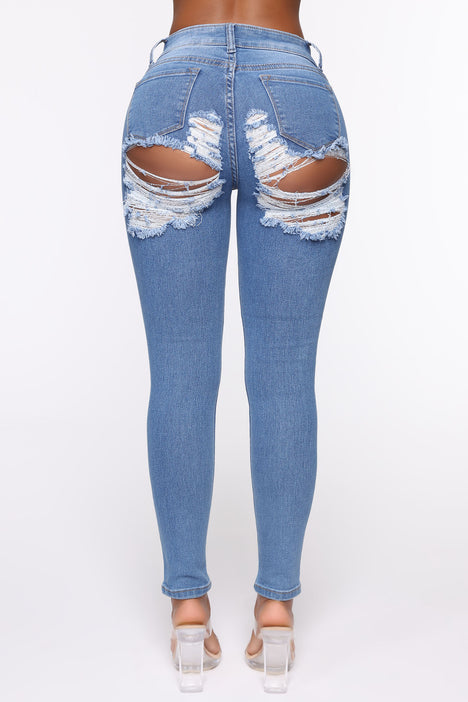 Women's All The Booty Ripped Skinny Jeans in Medium Blue Wash Size 1 by Fashion Nova