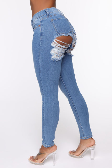 All The Booty Ripped Skinny Jeans - Medium Blue Wash